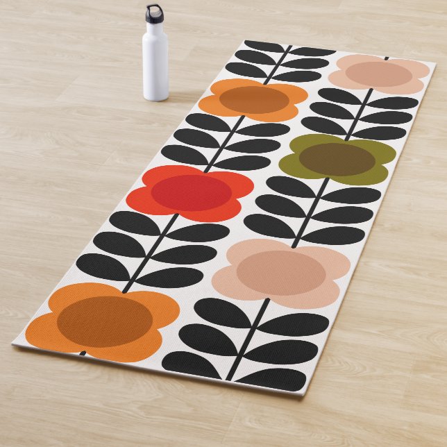 Retro Cheerful Spot Flowers Stem, Tomato Pink Yoga Mat (In Situ)