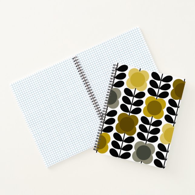 Retro Cheerful Spot Flowers Stem, Yellow Grey Notebook (Inside)