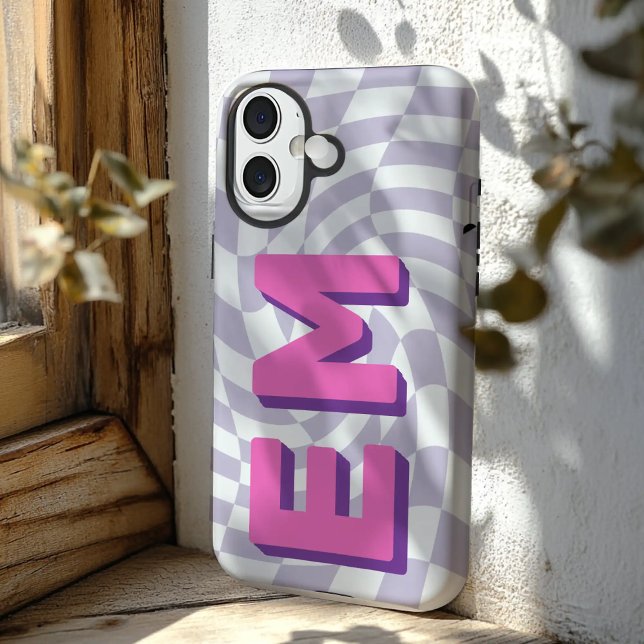 Retro Chequerboard Aesthetic Monogram Case-Mate iPhone Case (Purple Aesthetic retro initials checkerboard pattern iphone 16 plus  case)