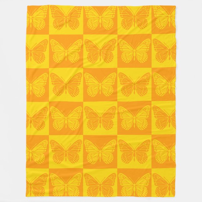 Retro Chequerboard Butterfly Pattern Yellow Orange Fleece Blanket (Front)