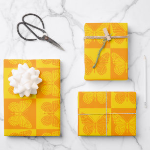 Retro Chequerboard Butterfly Pattern Yellow Orange Wrapping Paper Sheet