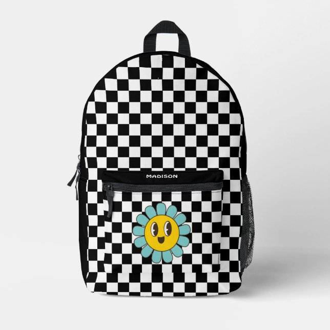 Retro Chequerboard Daisy  Printed Backpack (Front)