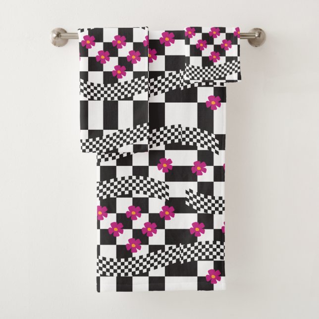 Retro Chequerboard Design with Flowers Bath Towel Set (Insitu)