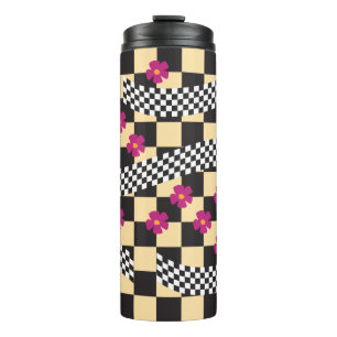 Retro Chequerboard Design with Flowers Thermal Tumbler