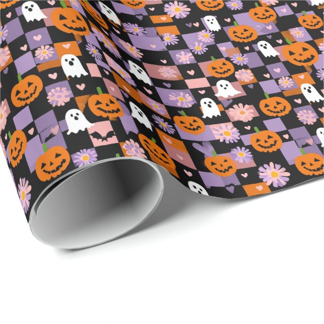Retro Chequerboard Halloween Ghosts and Pumpkins Wrapping Paper (Roll Corner)