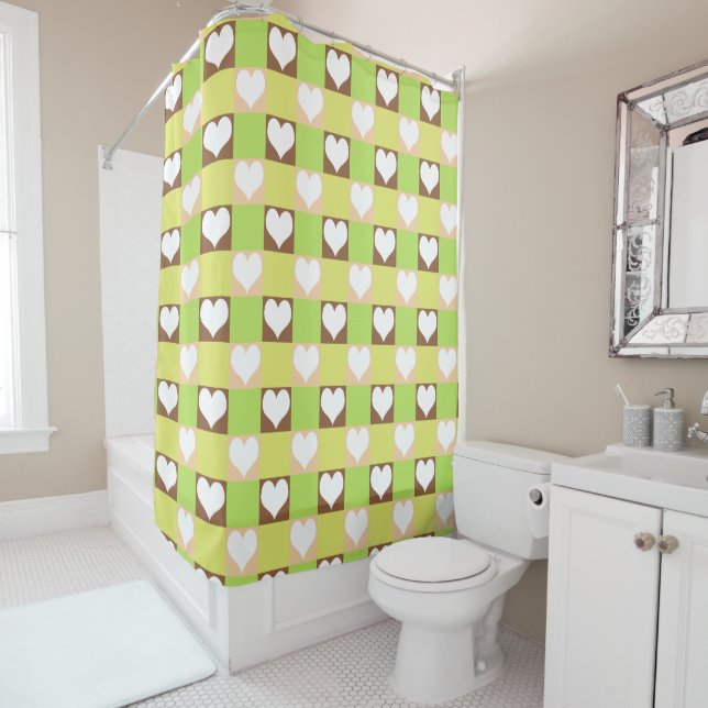 Retro Chequerboard Heart Pattern Shower Curtain (In Situ)