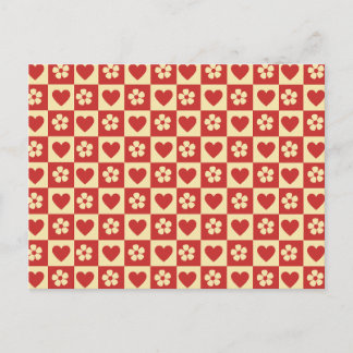 Retro Chequerboard Hearts and Flowers Pattern Postcard