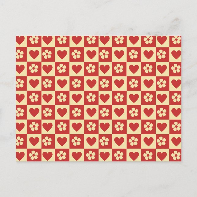 Retro Chequerboard Hearts and Flowers Pattern  Postcard (Front)