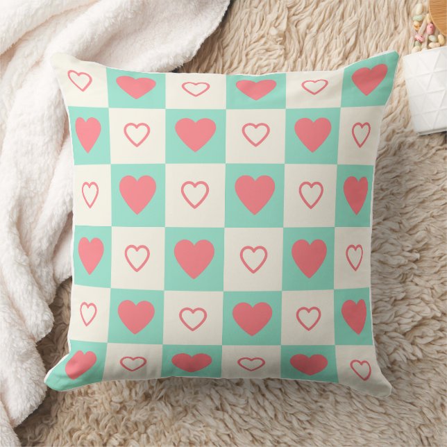 Retro Chequerboard Hearts Pattern Decorative Throw Cushion (Blanket)