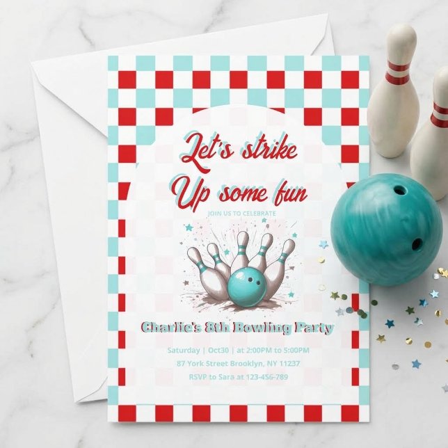 Retro Chequerboard Kids Bowling Birthday Party Invitation (Creator Uploaded)
