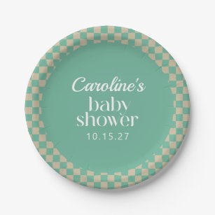 Retro Chequerboard Mint Sage Baby Shower Custom Paper Plate