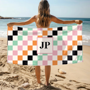 Retro Chequerboard Monogram Beach Gift Towel
