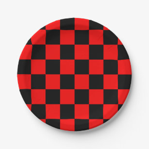 Retro Chequerboard Pattern Red & Black Novelty Paper Plate