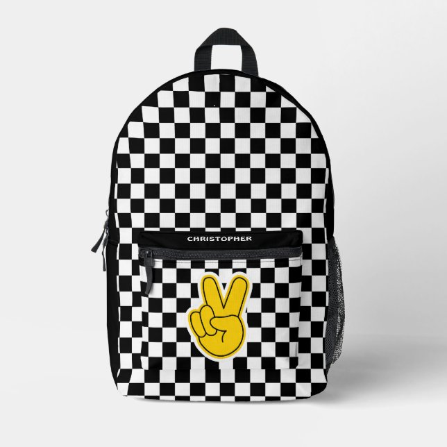Retro Chequerboard Peace Sign  Printed Backpack (Front)