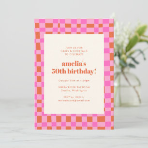 Retro Chequerboard Pink Orange 50th Fifty Birthday Invitation