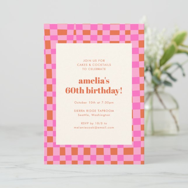 Retro Chequerboard Pink Orange 60th Sixty Birthday Invitation (Standing Front)