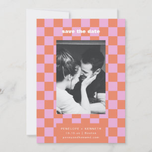 Retro Chequerboard Pink Orange Mod Wedding Photo Save The Date