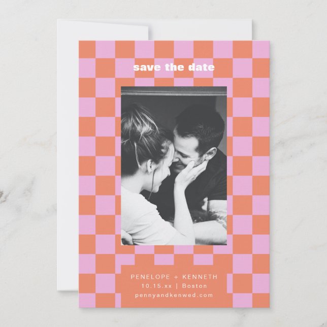 Retro Chequerboard Pink Orange Mod Wedding Photo Save The Date (Front)