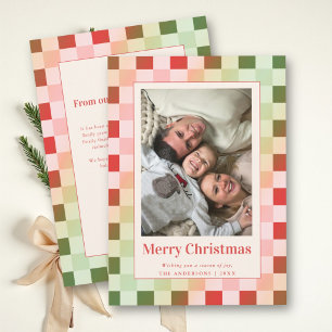 Retro Chequerboard Red Green Family Christmas Holiday Card