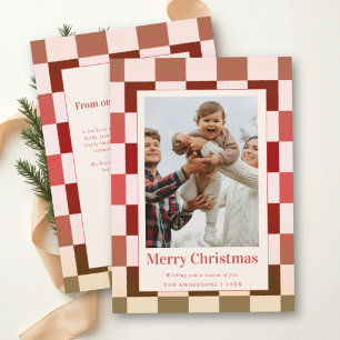 Retro Chequerboard Red Pink Family Photo Christmas Holiday Card