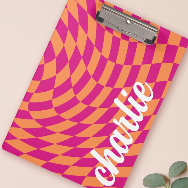 Retro chequerboard swirl wave hot pink orange clipboard (Retro checkerboard swirl wave hot pink orange clipboard)