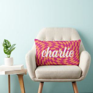Retro chequerboard swirl wave hot pink orange lumbar cushion