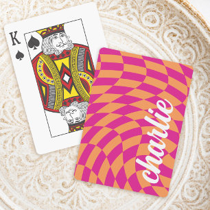 Retro chequerboard swirl wave hot pink orange playing cards