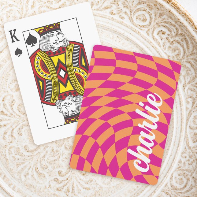 Retro chequerboard swirl wave hot pink orange playing cards (Retro checkerboard swirl wave hot pink orange playing cards)