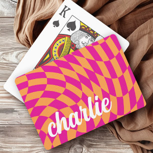 Retro chequerboard swirl wave hot pink orange playing cards