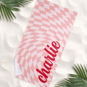 Retro chequerboard swirl wave light blush pink beach towel