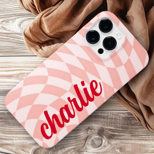Retro chequerboard swirl wave light blush pink iPhone 14 pro max case