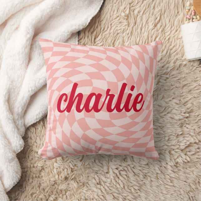 Retro chequerboard swirl wave light blush pink red cushion (Blanket)