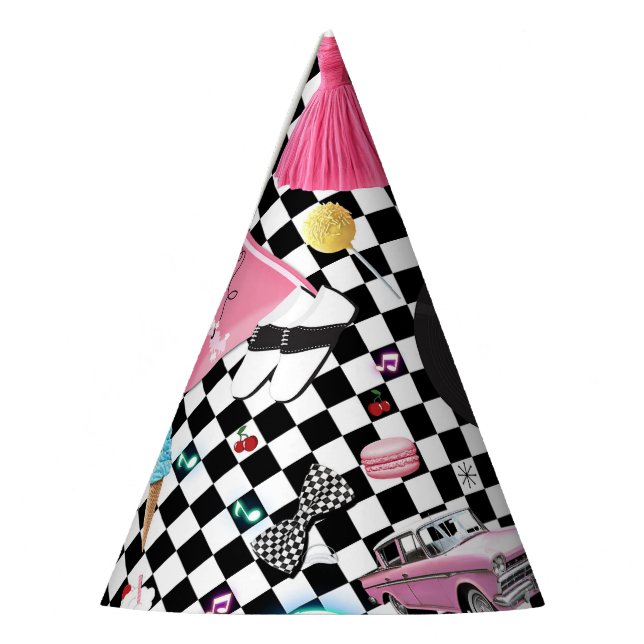 Retro Chequered 50's Fifties Theme Birthday Party Party Hat (Left)