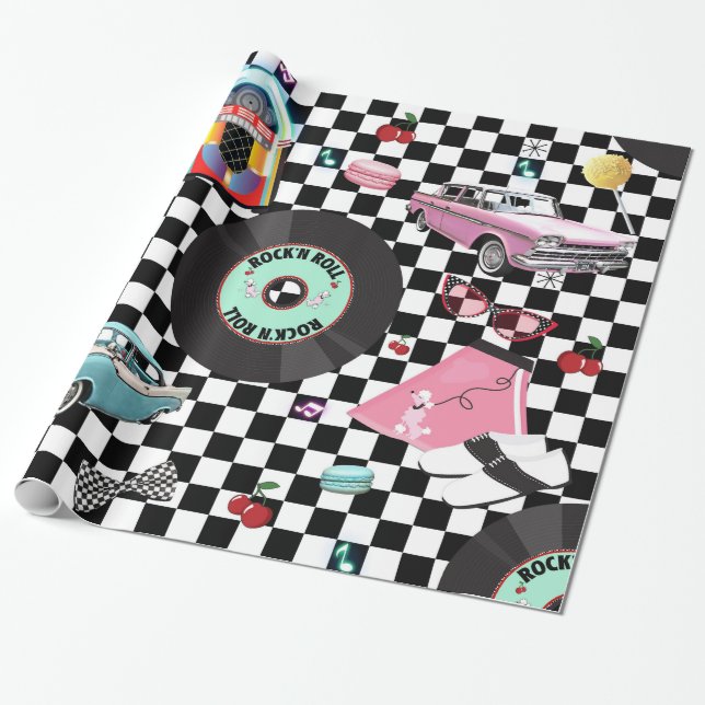 Retro Chequered 50's Fifties Theme Birthday Party Wrapping Paper (Unrolled)