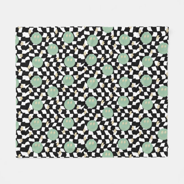 Retro Chequered and Lightening Bolts Fleece Blanket (Front (Horizontal))