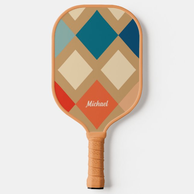 Retro Chequered Beige Blue Orange Monogram   Pickleball Paddle (Back)