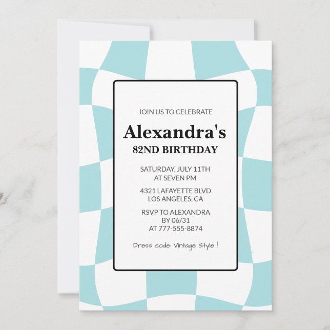 Retro Chequered Blue 82nd birthday Invitation (Front)