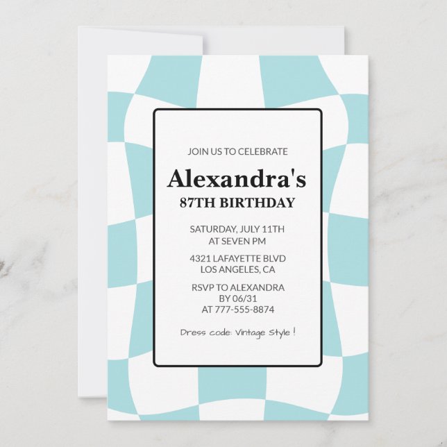 Retro Chequered Blue 87th birthday Invitation (Front)