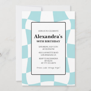 Retro Chequered Blue 98th birthday Invitation