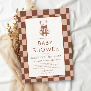 Retro Chequered Brown Teddy Bear Baby Shower Invitation