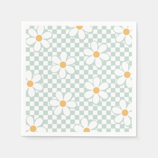 Retro Chequered Daisy mint birthday Napkin (Front)