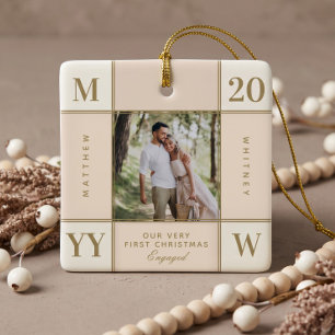 Retro Chequered First Christmas Engaged Photo Ceramic Ornament