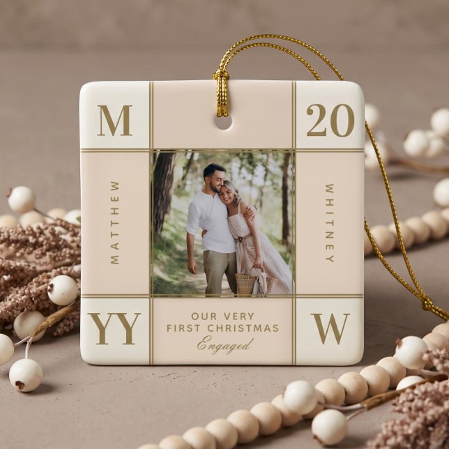Retro Chequered First Christmas Engaged Photo Ceramic Ornament (Retro Checkered First Christmas Married Photo Ceramic Ornament)