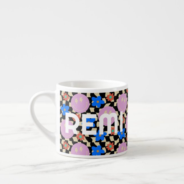 Retro Chequered Flower Name Toddler Mug (Left)