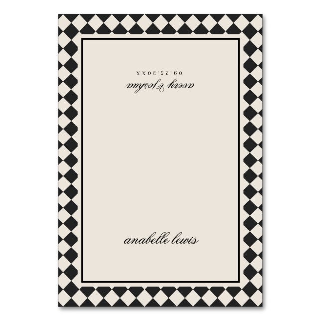 Retro Chequered Guest Name Wedding Place Card (Front)