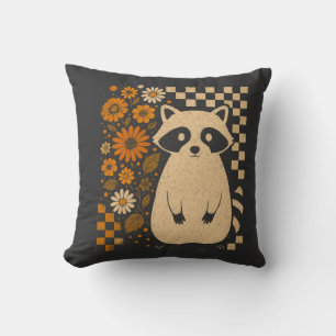 Retro Chequered Halloween Racoon Cushion
