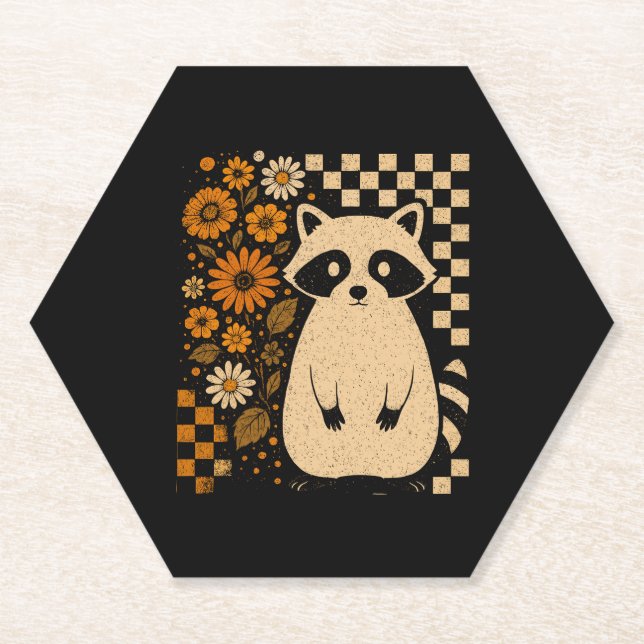 Retro Chequered Halloween Racoon Paper Coaster (Front)