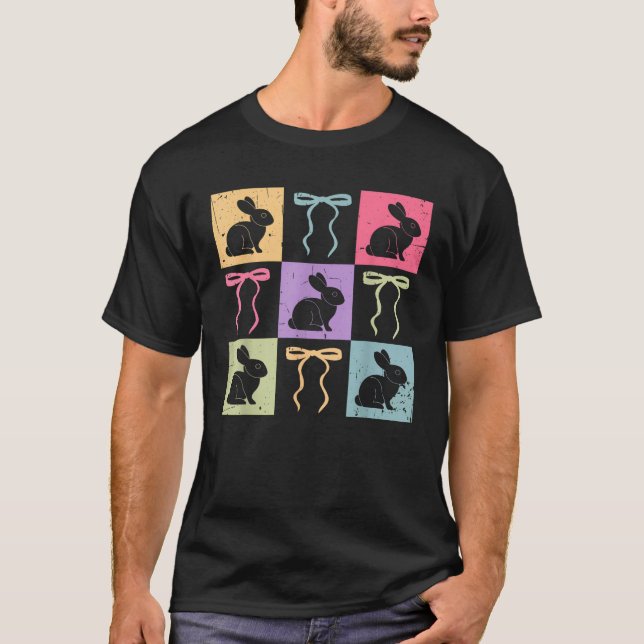 Retro Chequered Happy Easter Bunny Coquette Bow T-Shirt (Front)