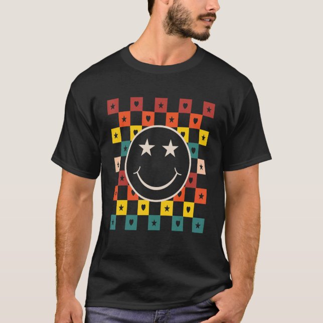 Retro Chequered Happy Smiling Face   T-Shirt (Front)