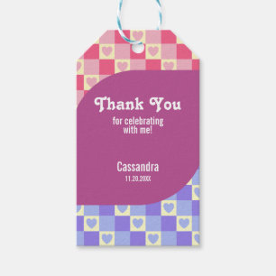 Retro Chequered Heart Bauhaus Purple Blue Birthday Gift Tags